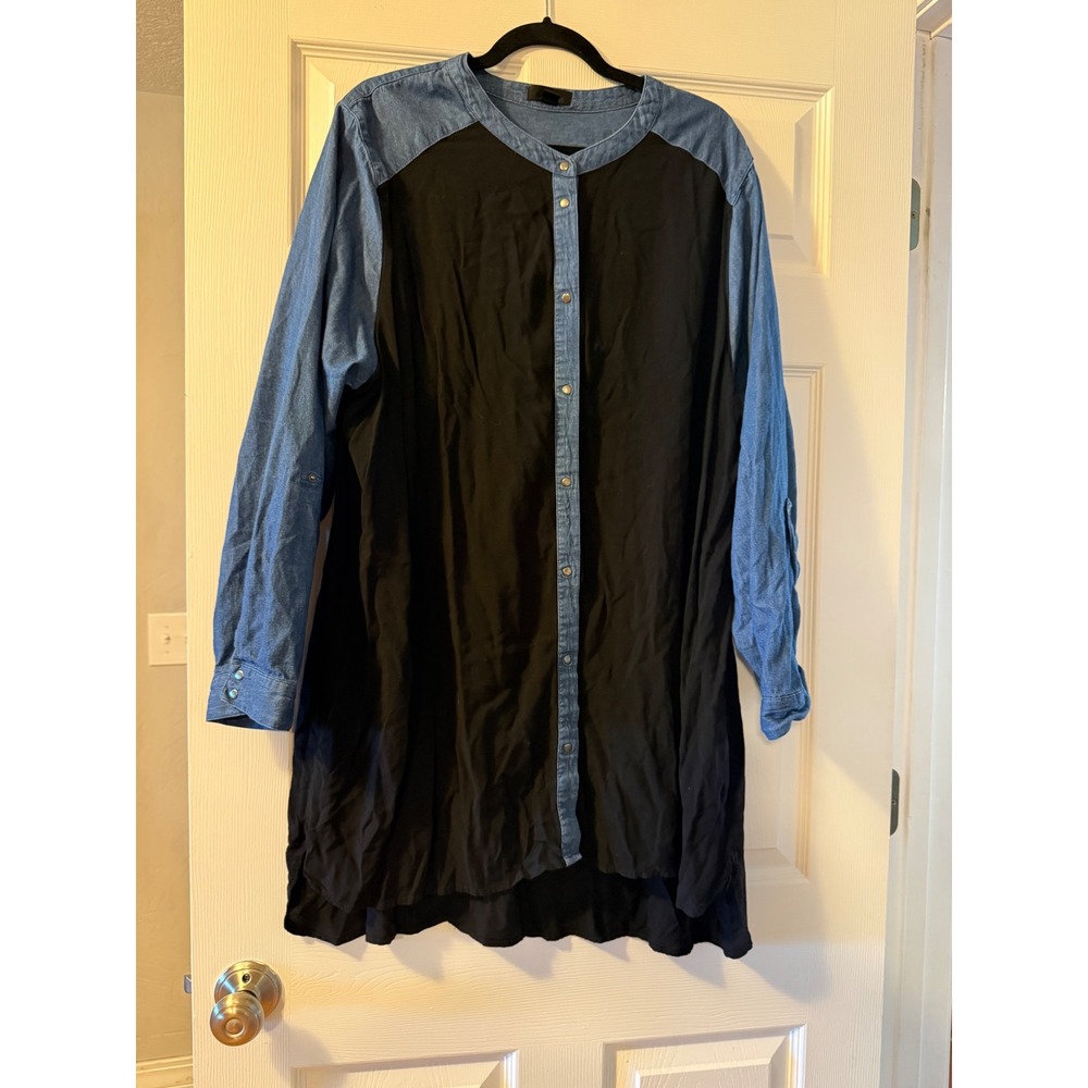 Ellos Mixed Media Denim Chambray Tunic Shirt Black Blue Snap Front 1X 22/24